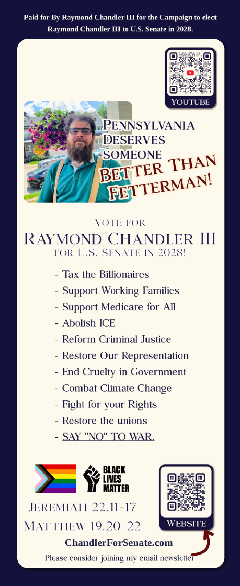 A door hanger with my platform written as bullet points, on it.